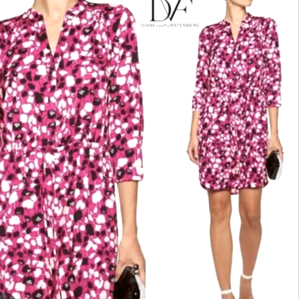 Diane von Furstenberg poppy floral print silk blend  Freya shirt dress women's 4